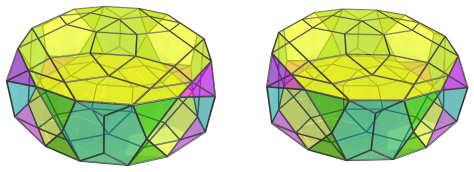 Parallel
projection of the castellated rhombicosidodecahedral prism, showing 2nd
rhombicosidodecahedron