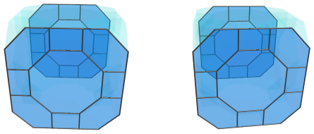 Parallel
projection of the cantitruncated tesseract, showing first pair of equatorial
great rhombicuboctahedra