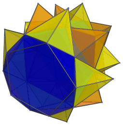 Perspective projection of
the tetrahedra in the grand antiprism sharing a face with the antiprisms in the
blue ring, with visibility clipping applied