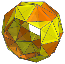 Perspective projection
of the tetrahedra in the grand antiprism sharing a face only with other
tetrahedra: near side
