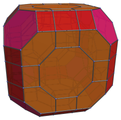 Great
rhombicuboctahedral projection of omnitruncated tesseract, now with hexagonal
prismic equatorial cells also shown