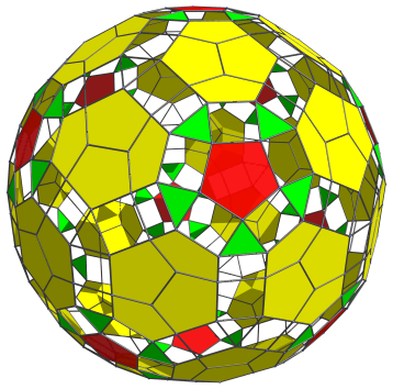 Parallel
projection of the runcinated 120-cell, with 12 pentagonal prisms at
equator