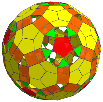 Parallel
projection of the runcinated 120-cell, with 60 more pentagonal prisms at
equator