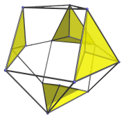 Parallel projection
of the runcinated 5-cell, showing 4 tetrahedra from far side