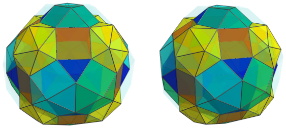 Parallel
projection of the runcinated snub 24-cell, showing 8 more icosahedra