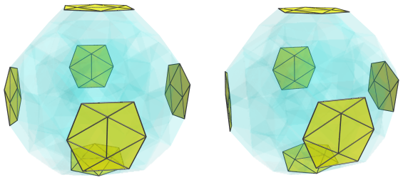 Parallel
projection of the runcinated snub 24-cell, showing 6 equatorial
icosahedra