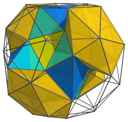 Parallel
projection of the snub 24-cell, adding 4 icosahedra