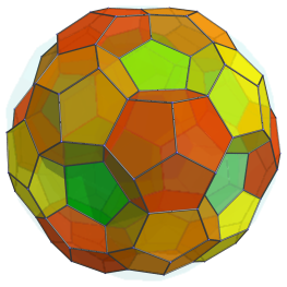 Cell-first projection
of the 120-cell, now with 20 more dodecahedra shown, overlying the vertices of
the nearest cell