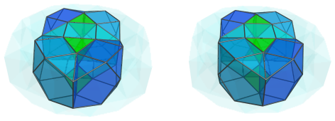 Parallel
projection of the castellated rhombicosidodecahedral prism, showing 4
tetrahedra with all previous cells