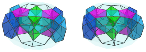 Parallel
projection of the castellated rhombicosidodecahedral prism, showing 4
pentagonal pyramids