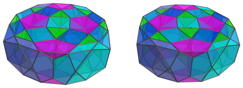 Parallel
projection of the castellated rhombicosidodecahedral prism, showing 4 more
pentagonal pyramids