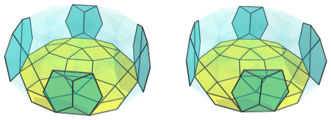 Parallel
projection of the castellated rhombicosidodecahedral prism, showing 1
equatorial rhombicosidodecahedron