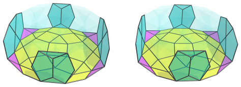 Parallel
projection of the castellated rhombicosidodecahedral prism, showing 4
equatorial pentagonal pyramids