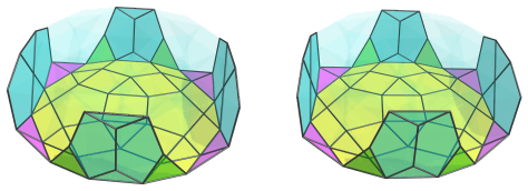 Parallel
projection of the castellated rhombicosidodecahedral prism, showing 4
equatorial tetrahedra
