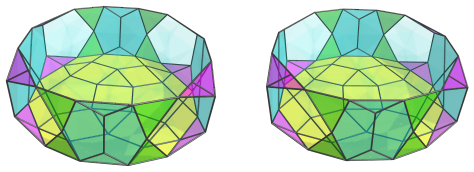Parallel
projection of the castellated rhombicosidodecahedral prism, showing 4 more
pentagonal pyramids and 4 more tetrahedra