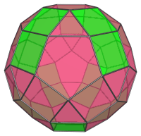 A parabigyrate
rhombicosidodecahedron, highlighting pairs of square faces