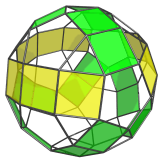 The trigyrate
rhombicosidodecahedron, highlighting pairs and triplets of square faces