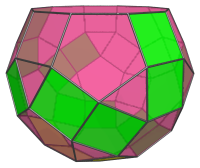 A bigyrate diminished
rhombicosidodecahedron, highlighting pairs of adjacent squares