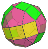A bigyrate diminished
rhombicosidodecahedron, highlighting pairs of adjacent squares