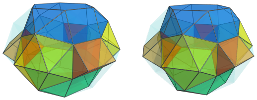 Triangle-centered parallel projection of J92 rhombochoron, showing 3
triangular prisms