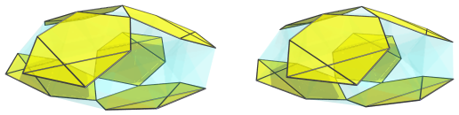 Hexagon-centered parallel projection of J92 rhombochoron, showing 6
equatorial metabidiminished icosahedra