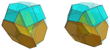 Perspective
projection of the augmented cantitruncated 5-cell, showing 2 truncated
octahedra