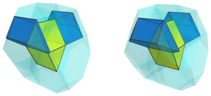 Perspective
projection of the augmented cantitruncated 5-cell, showing 2 truncated
octahedra