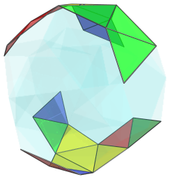 Parallel
projection of the bi-icositetradiminished 600-cell, showing 20 equatorial
triangles