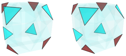 Orthogonal
projection of the biparabigyrated cantellated tesseract, showing 4 square
pyramids and 4 triangular prisms on limb