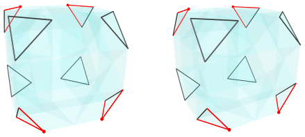 Orthogonal
projection of the biparabigyrated cantellated tesseract, showing edge outlines
of square pyramids and triangular prisms on limb