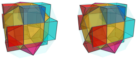 Orthogonal
projection of the biparabigyrated cantellated tesseract, showing 6 triangular
prisms and 6 square pyramids