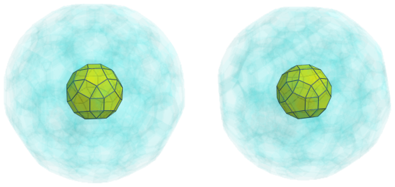 Parallel
projection of the cantellated 120-cell, showing nearest
rhombicosidodecahedron