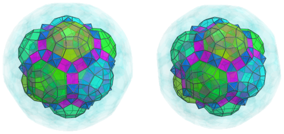 Parallel
projection of the cantellated 120-cell, showing 60 more triangular prisms and
30 more octahedra