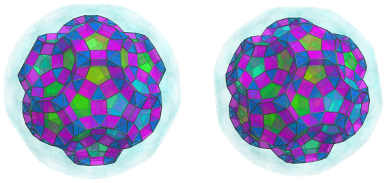 Parallel
projection of the cantellated 120-cell, showing 120 more triangular prisms and
60 more octahedra
