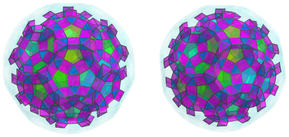 Parallel
projection of the cantellated 120-cell, showing yet 60 more octahedra