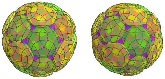 Parallel
projection of the cantellated 120-cell, showing 12 more
rhombicosidodecahedra