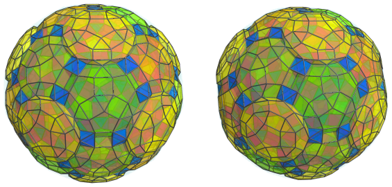 Parallel
projection of the cantellated 120-cell, showing 60 more octahedra