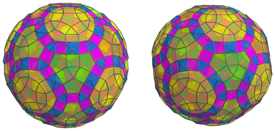 Parallel
projection of the cantellated 120-cell, showing 60 more octahedra and 150 more
triangular prisms