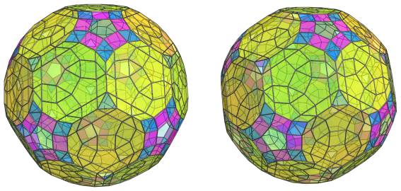 Parallel
projection of the cantellated 120-cell, showing 60 equatorial triangular
prisms