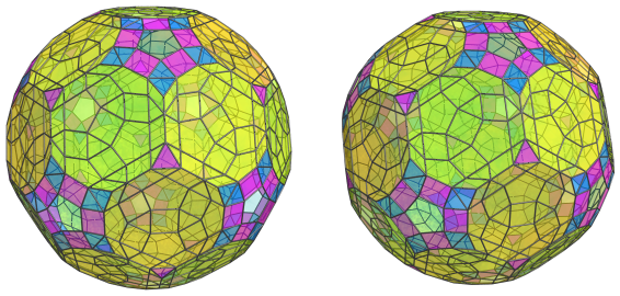 Parallel
projection of the cantellated 120-cell, showing 20 more equatorial triangular
prisms