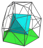 Parallel projection of the cantellated
5-cell, showing the fourth of 4 cuboctahedra