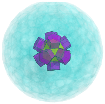 Parallel
projection of the cantellated 600-cell, showing 12 pentagonal prisms