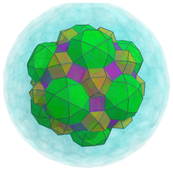 Parallel
projection of the cantellated 600-cell, showing 12 more icosidodecahedra