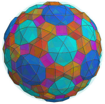 Parallel
projection of the cantellated 600-cell, showing 12 more icosidodecahedra