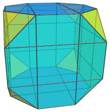 Parallel projetion
of the cantellated tesseract, showing 8 equatorial triangular prisms
