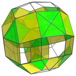 Parallel projection
of the cantellated tesseract, showing octahedra and triangular prisms