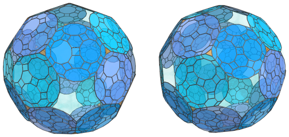 Parallel
projection of the cantitruncated 120-cell, showing 12 equatorial triangular
prisms with previous great rhombicosidodecahedra