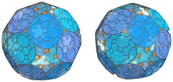 Parallel
projection of the cantitruncated 120-cell, showing 60 more equatorial
triangular prisms