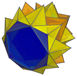 Perspective projection of
the 100 tetrahedra in the grand antiprism sharing a face with the
antiprisms in the blue ring