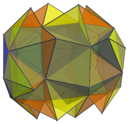 Perspective projection of the tetrahedra in the grand antiprism sharing a
face with the antiprisms in the blue ring, with visibility clipping applied:
different angle showing tetrahedron pairs